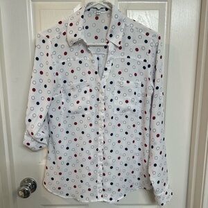 Express White Shirt with Red and Blue Dots